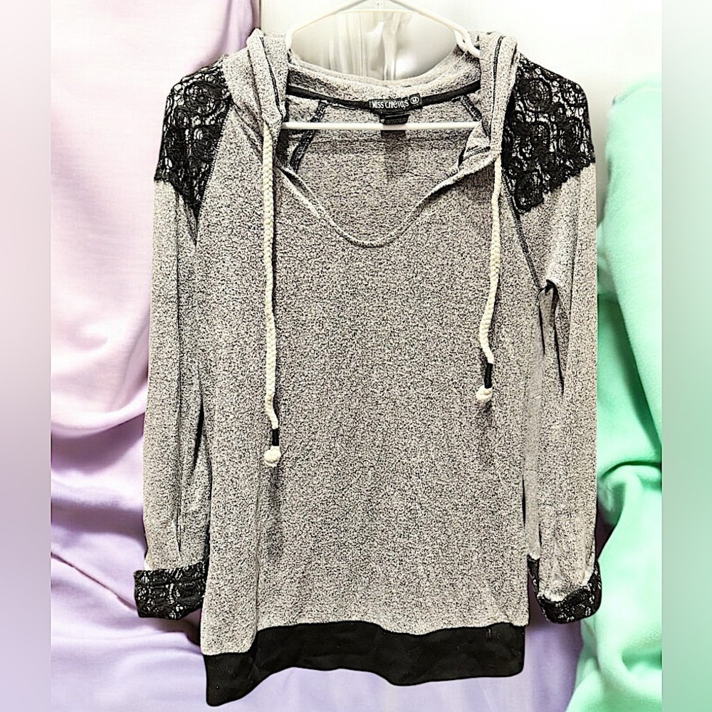 Miss chievous Gray hooded sweatshirt with Black Lace Accents MEDIUM